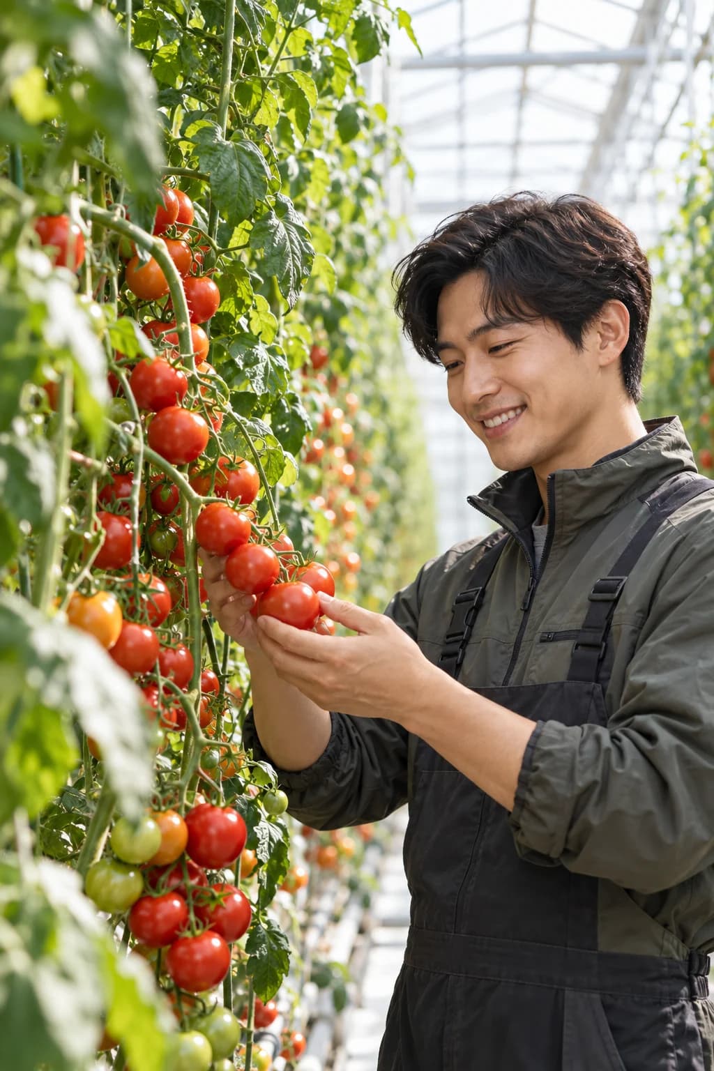 토마토를 살피는 농부