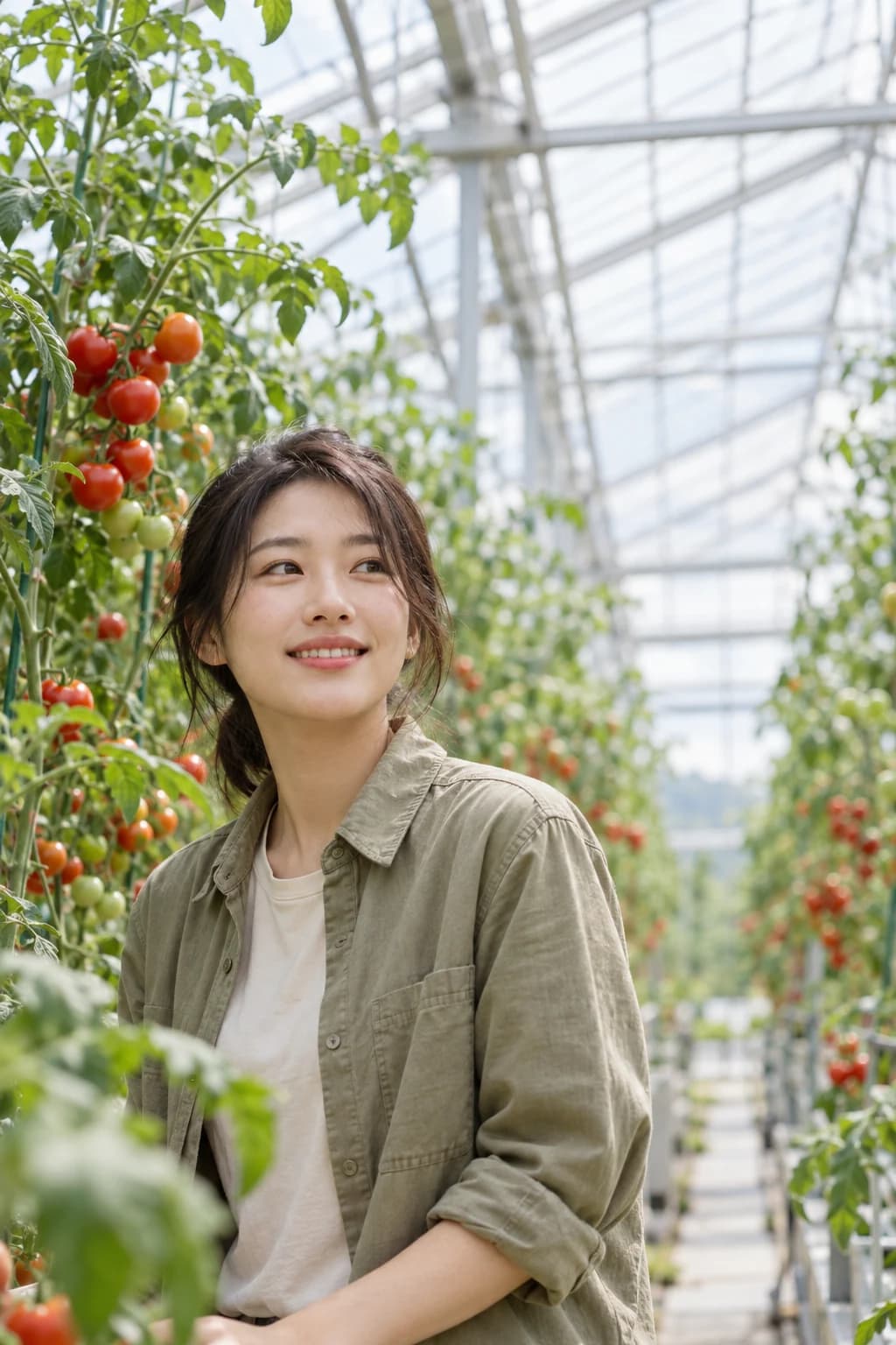 온실에서 미소 짓는 여성